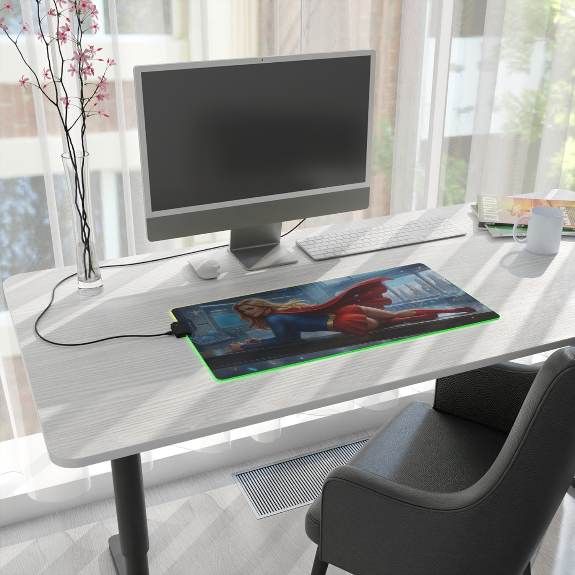 Supergirl RGB Mouse Pad – DC Comics LED Gaming Desk Mat, Superhero Setup on modern white desk with RGB edge lighting and extended desk mat covering keyboard and mouse