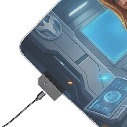 Supergirl RGB Mouse Pad – DC Comics LED Gaming Desk Mat, Superhero Setup showing corner LED controller and sci-fi desk artwork