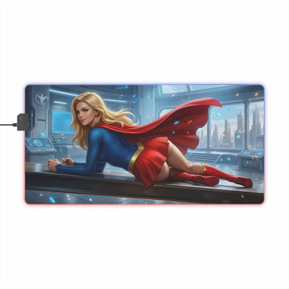 Supergirl RGB Mouse Pad – DC Comics LED Gaming Desk Mat, Superhero Setup showcasing Supergirl artwork, vibrant RGB edge lighting, extended desk mat