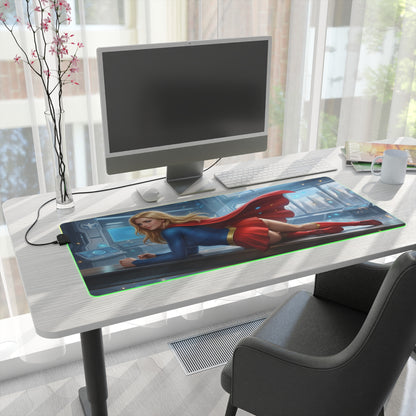 Supergirl RGB Mouse Pad – DC Comics LED Gaming Desk Mat, Superhero Setup on modern desk with PC, full-size RGB edge lighting and Supergirl artwork