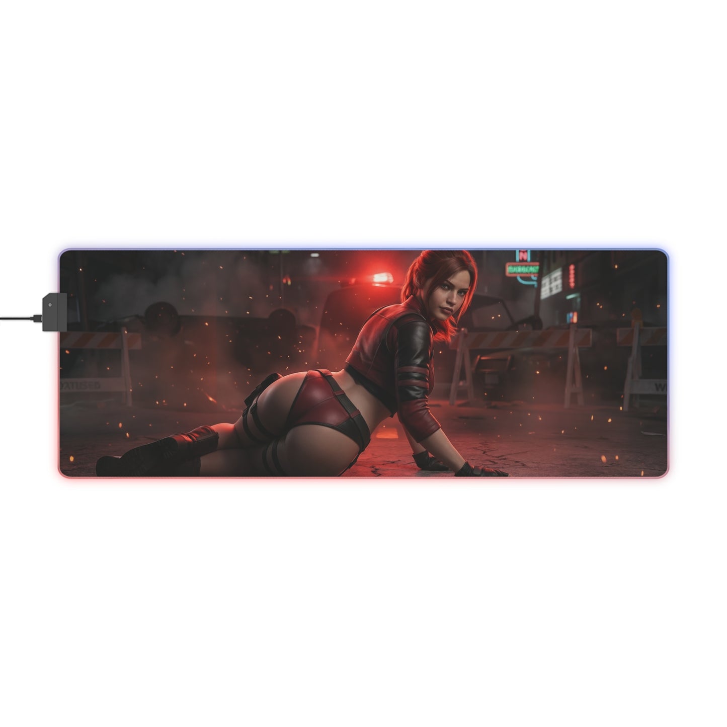 Resident Evil Mouse Pad, Claire Redfield LED RGB Desk Mat, Gift for Gamer, Horror Room Decor - Claire Redfield crouched in red-lit street scene with RGB glow