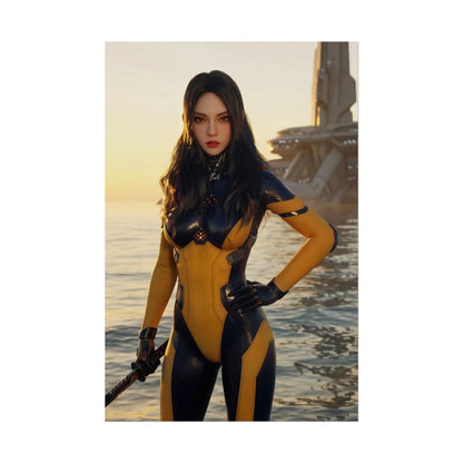 Tachy Poster – Stellar Blade Art Print, Sci-Fi Game Wall Art featuring futuristic warrior in glowing armor standing in shallow water at sunrise