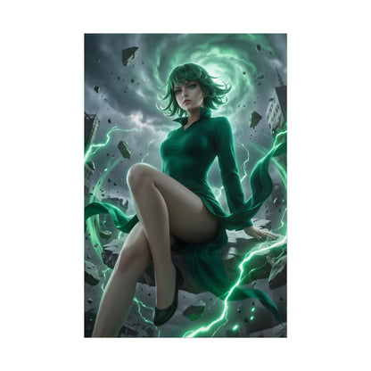 Tatsumaki Poster / Tatsumaki Wall Art / Tatsumaki Art Print / One Punch Man Poster — dynamic Tatsumaki levitating amid green psychic energy and shattered cityscape