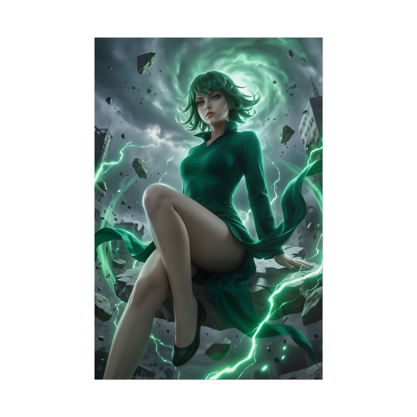 Tatsumaki Poster / Tatsumaki Wall Art / Tatsumaki Art Print / One Punch Man Poster featuring Tatsumaki floating amid green psychic energy and shattered stone