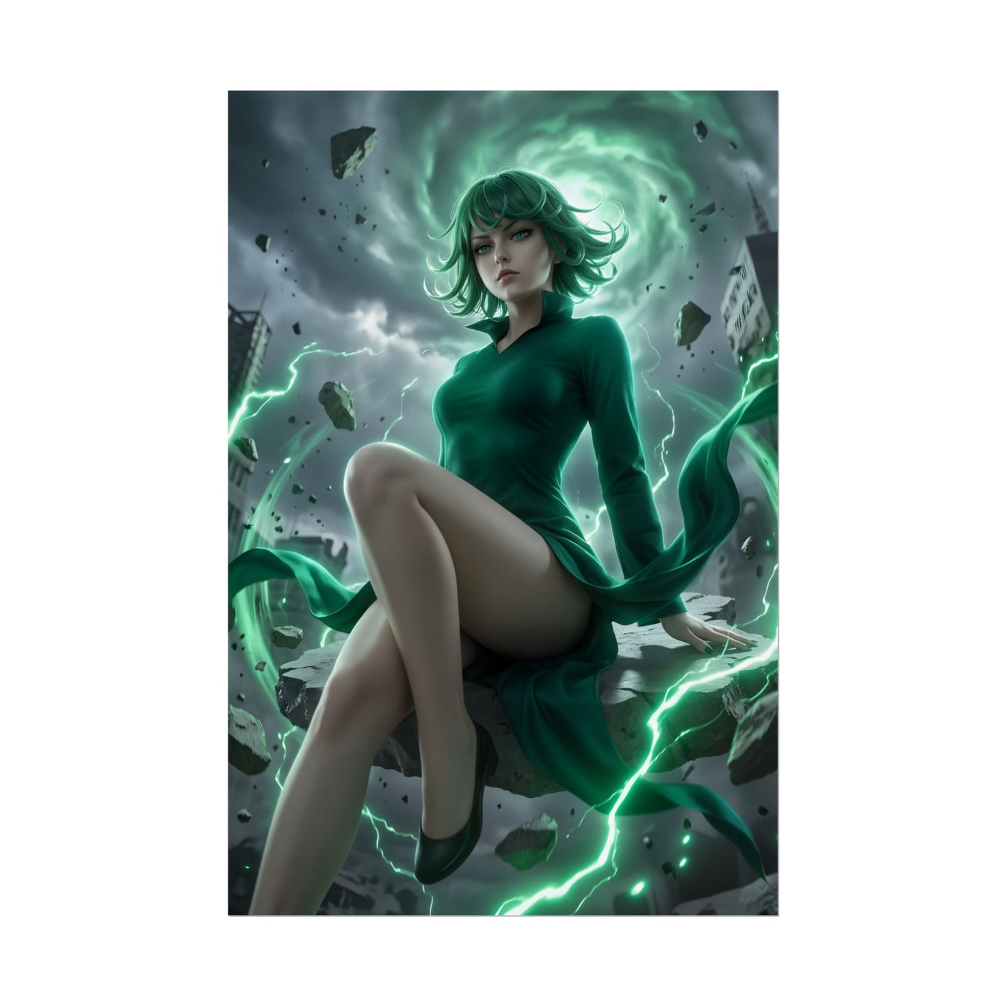 Tatsumaki Poster / Tatsumaki Wall Art / Tatsumaki Art Print / One Punch Man Poster – Tatsumaki levitating with green psychic aura and shattered rubble