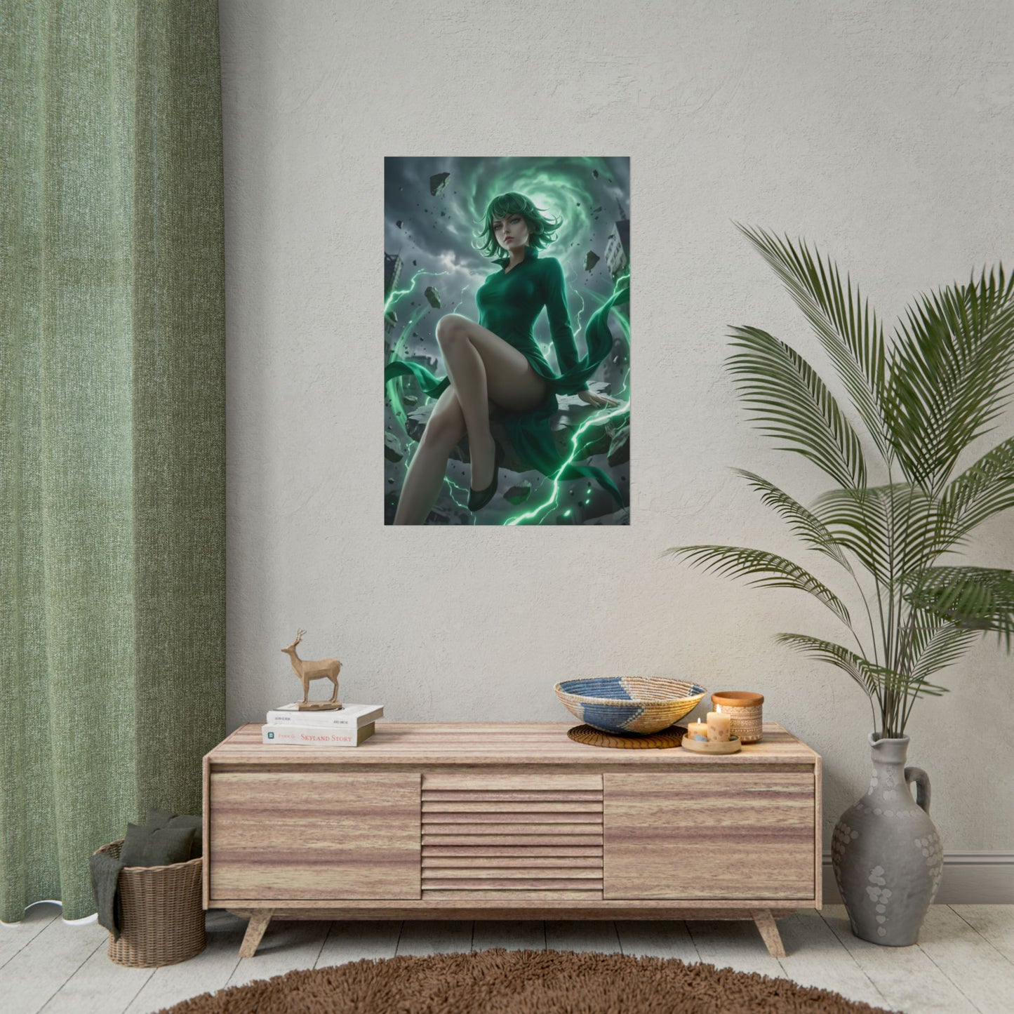 Tatsumaki Poster / Tatsumaki Wall Art / Tatsumaki Art Print / One Punch Man Poster - vivid Tatsumaki in green aura levitating amid shattered stone
