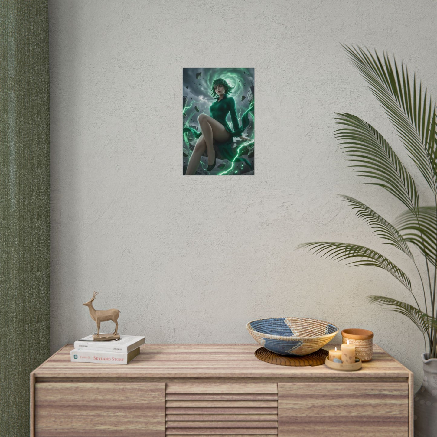 Tatsumaki Poster / Tatsumaki Wall Art / Tatsumaki Art Print / One Punch Man Poster — Tatsumaki suspended in green psychic energy over shattered stone