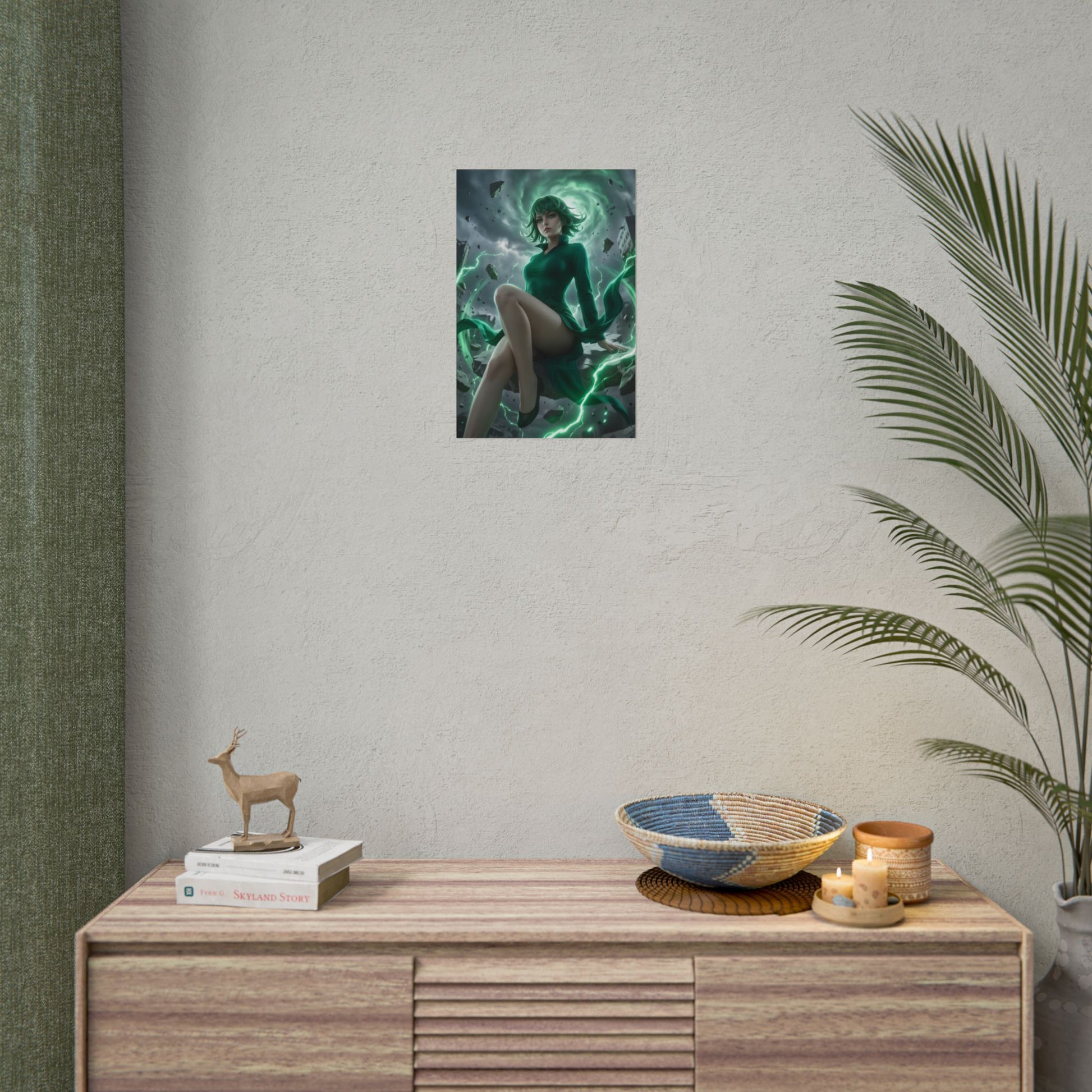 Tatsumaki Poster / Tatsumaki Wall Art / Tatsumaki Art Print / One Punch Man Poster — Tatsumaki suspended in green psychic energy over shattered stone