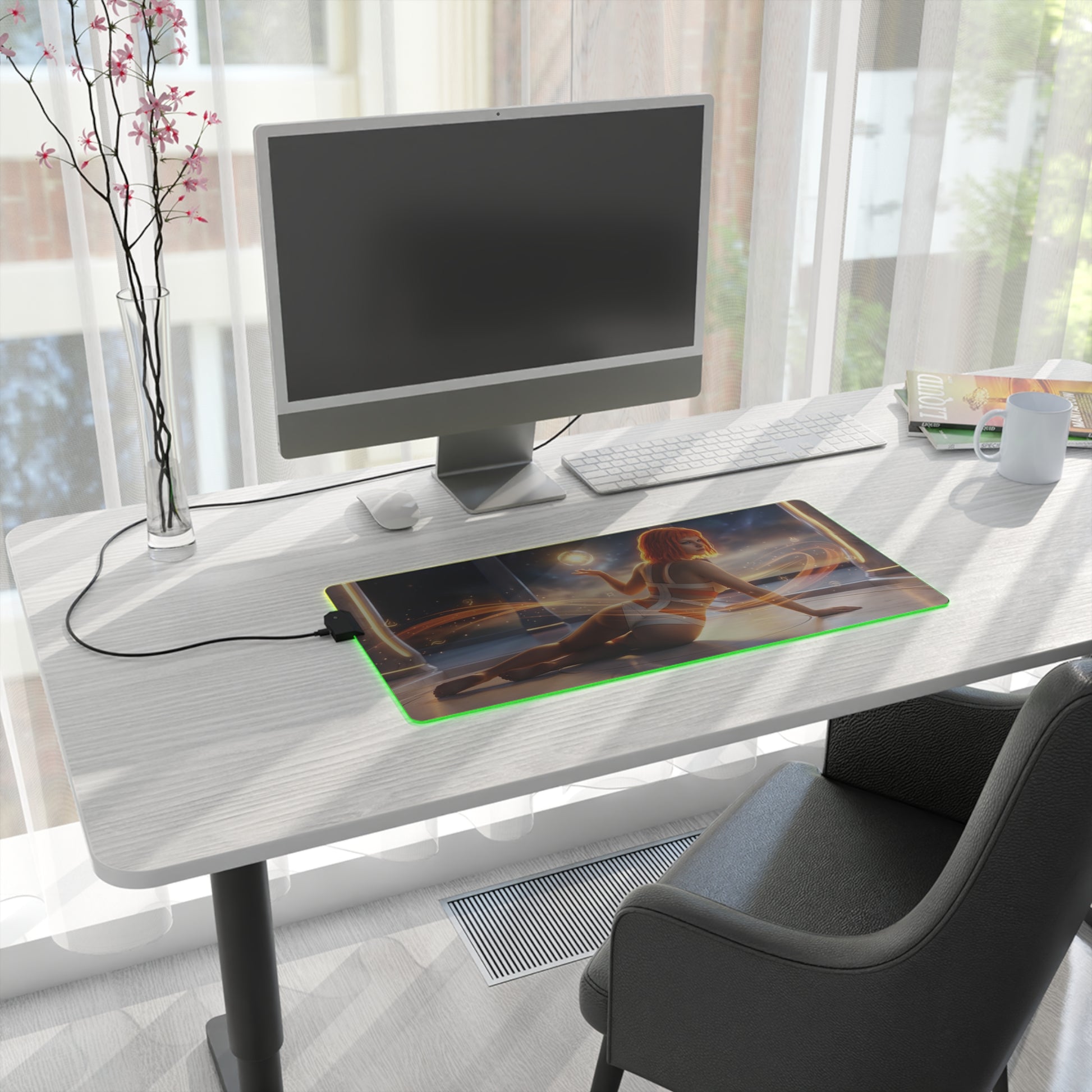 The Fifth Element Mouse Pad – Leeloo LED RGB Desk Mat, Sci-Fi Gamer Room Decor, Gift for Movie Fan showing Leeloo scene on illuminated RGB desk mat