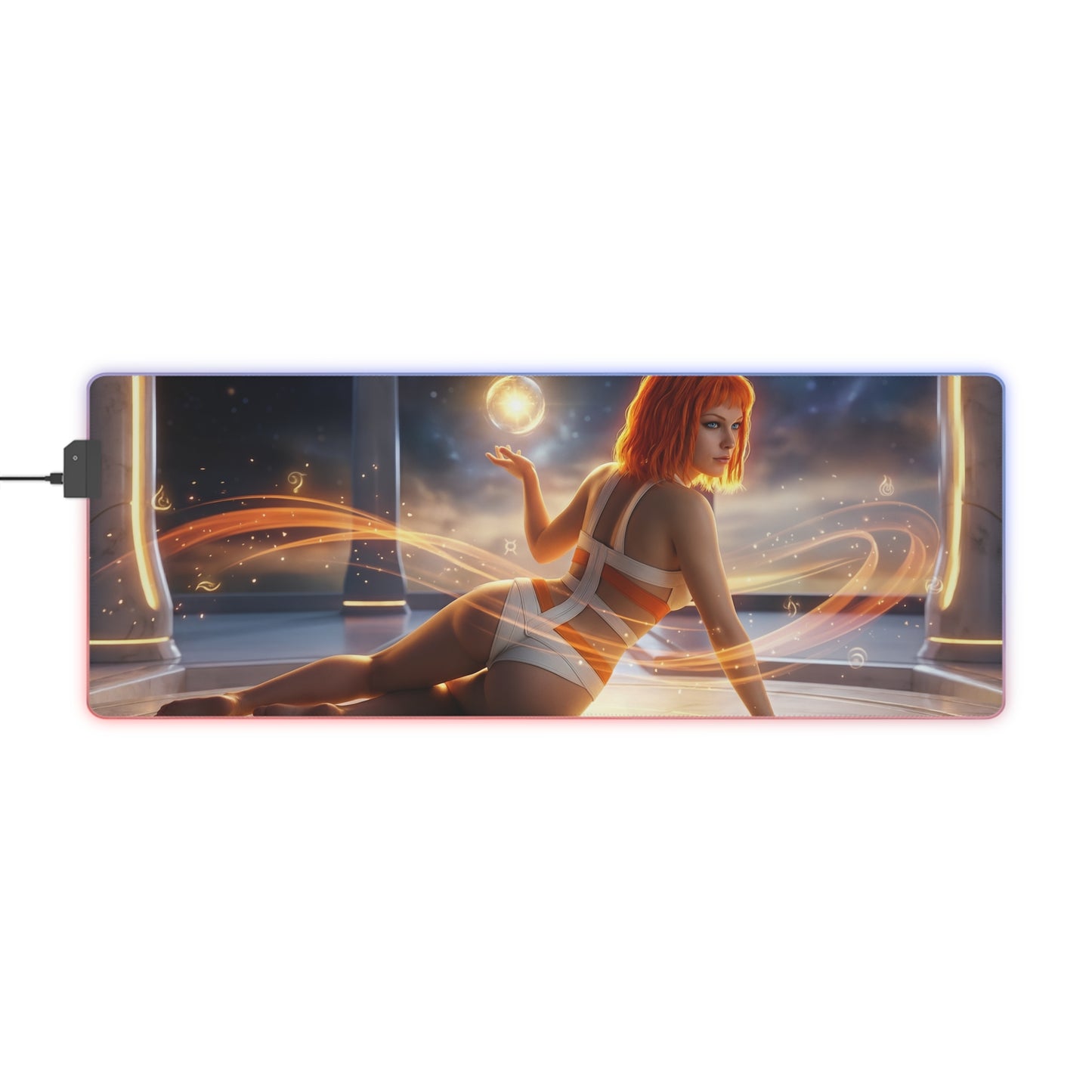 The Fifth Element Mouse Pad – Leeloo LED RGB Desk Mat, Sci-Fi Gamer Room Decor, Gift for Movie Fan featuring Leeloo in a glowing sci‑fi chamber with RGB lighting