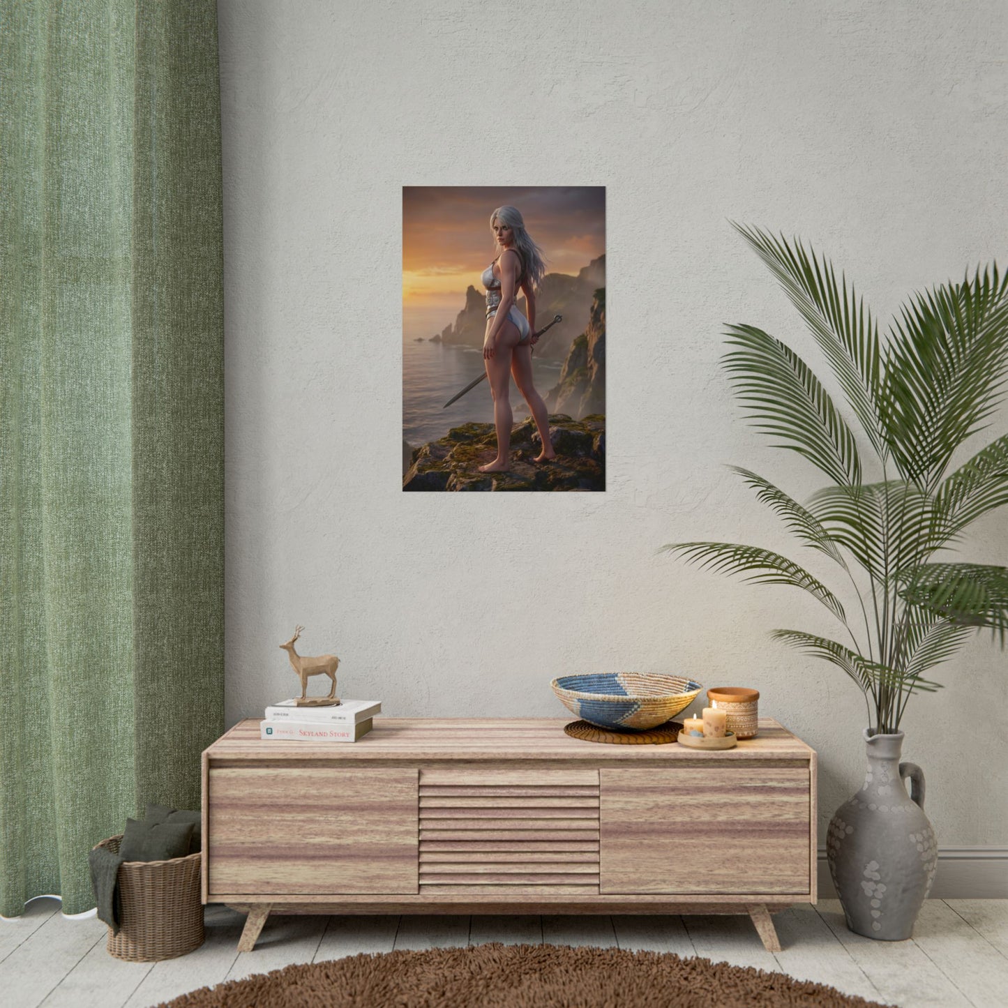 The Witcher Poster – Ciri Art Print, Fantasy Adventure Wall Art showing Ciri on a cliff at sunset with sword, dramatic golden lighting