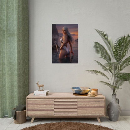 The Witcher Poster – Ciri Art Print, Fantasy Game Wall Art showing Ciri standing in shallow ocean at sunset with windswept silver hair