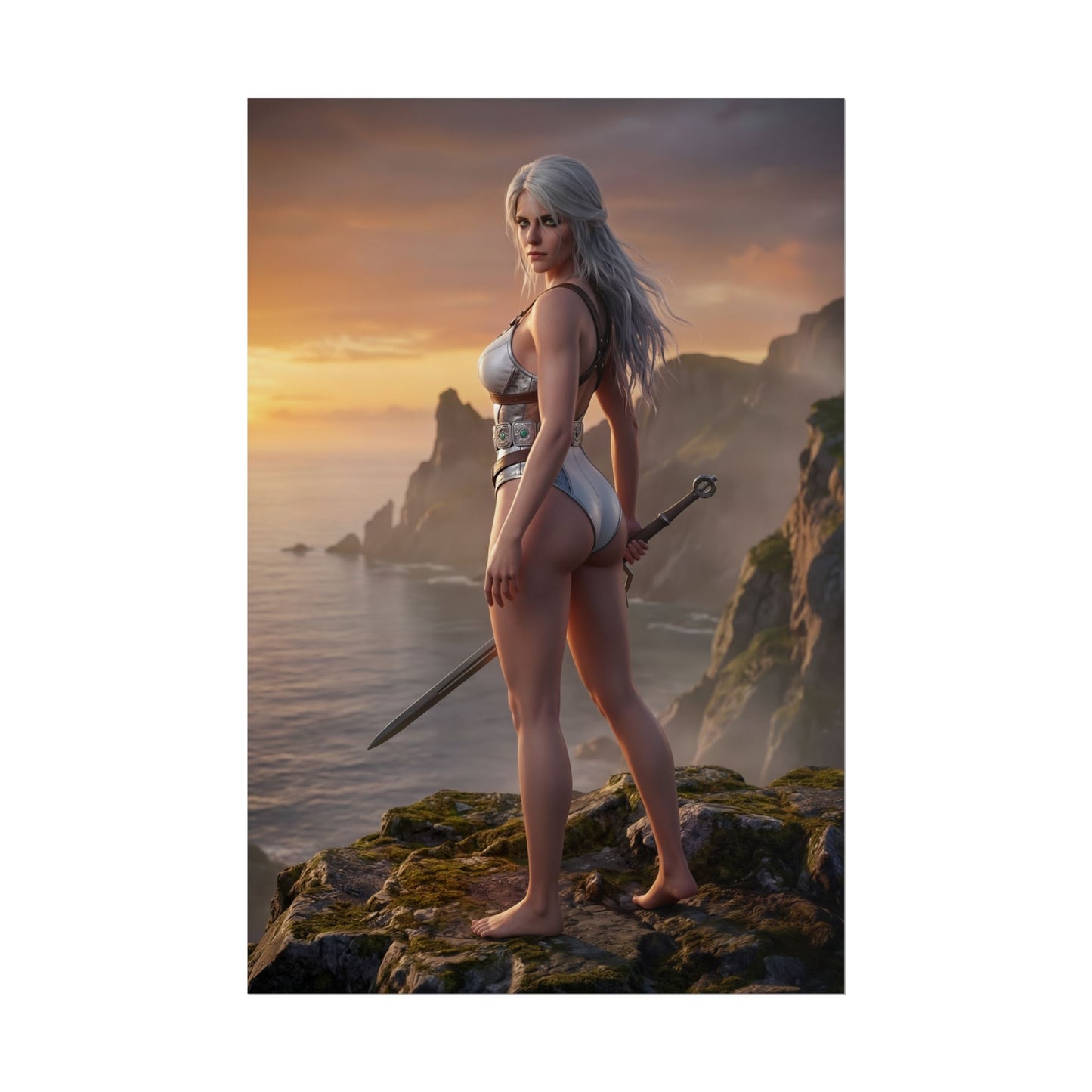 The Witcher Poster – Ciri Art Print, Fantasy Adventure Wall Art featuring Ciri on a cliff at sunset with sword overlooking ocean