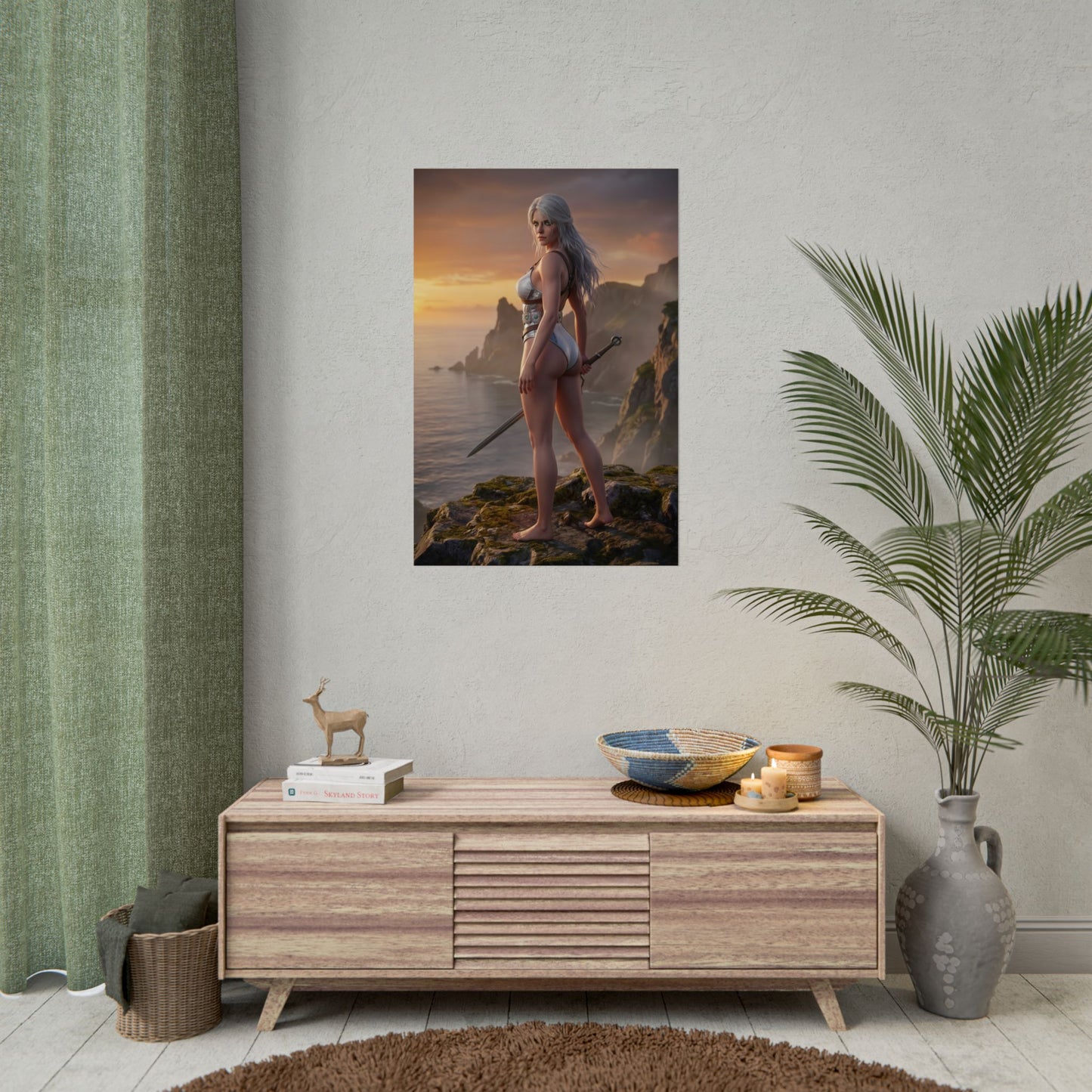 The Witcher Poster – Ciri Art Print, Fantasy Adventure Wall Art featuring Ciri on a cliff at sunset with sword overlooking ocean