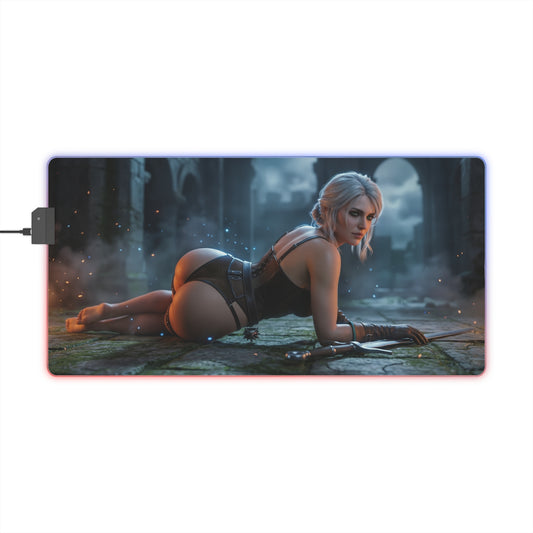 The Witcher Mouse Pad, Ciri LED RGB Desk Mat, Gift for Gamer, Fantasy Room Decor — Ciri reclining artwork on RGB gaming desk mat