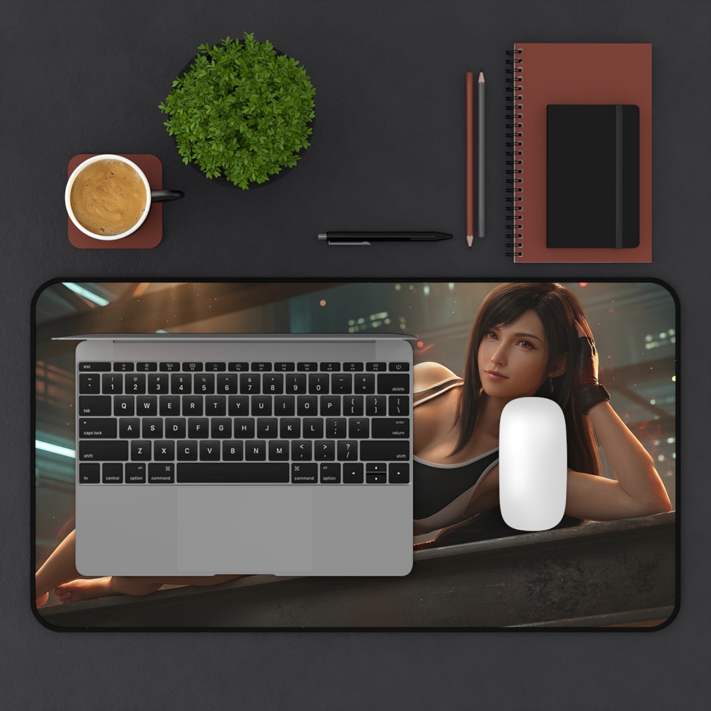 Tifa Lockhart Mouse Pad – Combat Game Gaming Mouse Pad, Stylish Gamer Desk Decor on a modern gaming desk with laptop and mouse