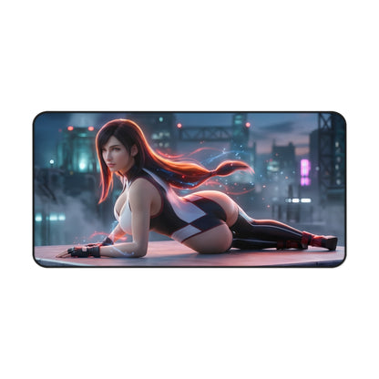 Tifa Lockhart Mouse Pad – Final Fantasy Gaming Mouse Pad, Stylish Gamer Desk Decor showing Tifa lounging on a neon city rooftop, vibrant detail