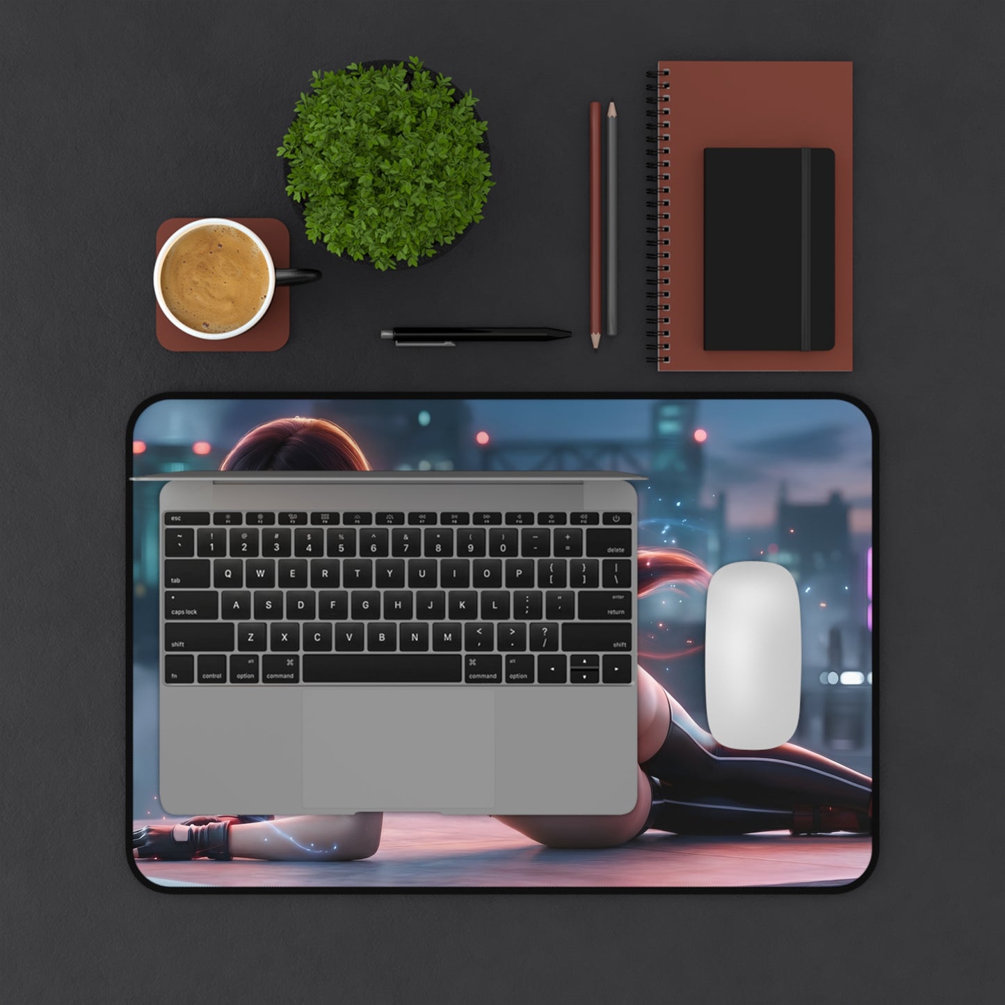 Tifa Lockhart Mouse Pad – Final Fantasy Gaming Mouse Pad, Stylish Gamer Desk Decor showing desk setup with laptop, mouse and coffee