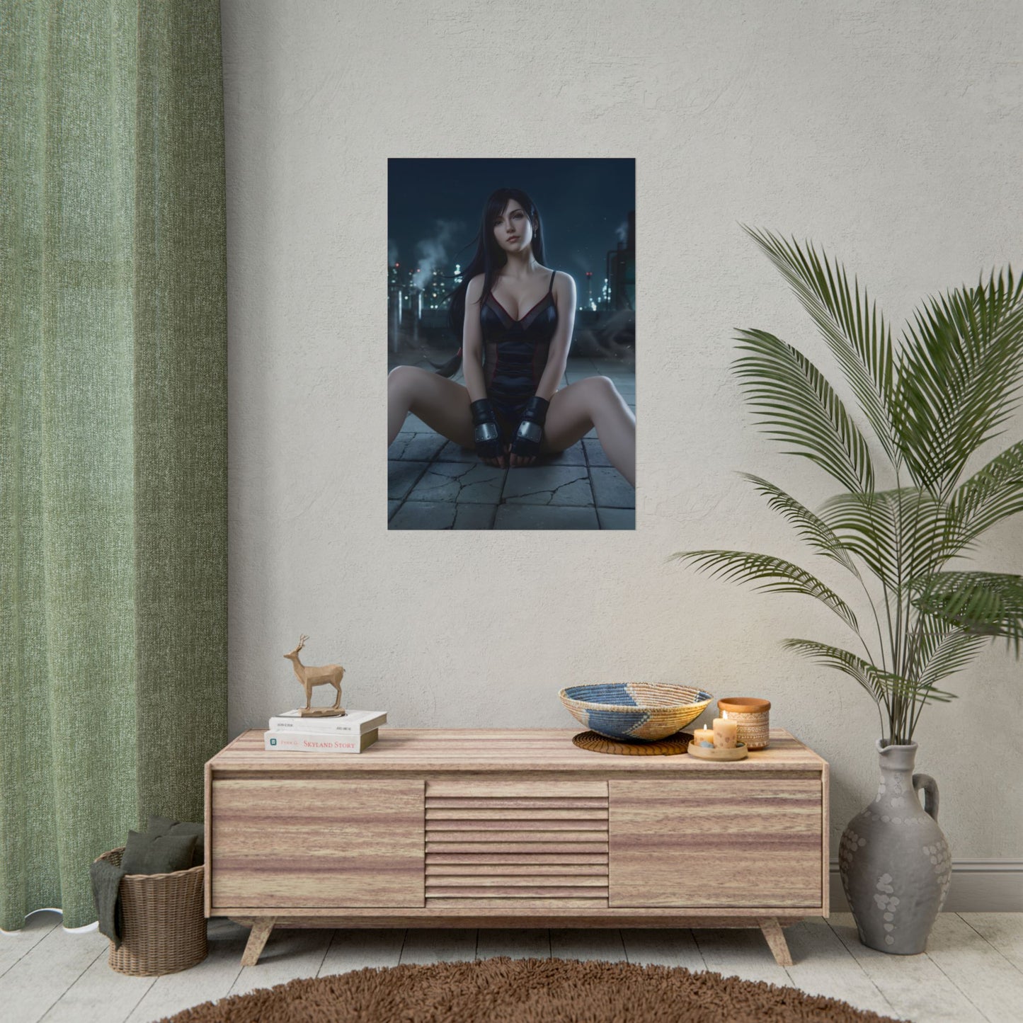 Tifa Lockhart Poster / Tifa Lockhart Wall Art / Tifa Lockhart Art Print / Final Fantasy VII Poster showing Tifa seated in moody city-night lighting