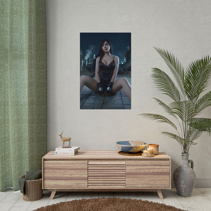 Tifa Lockhart Poster / Tifa Lockhart Wall Art / Tifa Lockhart Art Print / Final Fantasy VII Poster showing Tifa seated in moody city-night lighting