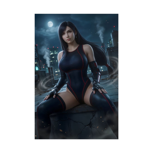 Tifa Lockhart Poster / Tifa Lockhart Wall Art / Tifa Lockhart Art Print / Final Fantasy VII Poster showing Tifa seated on rooftop at night, strong elegant pose