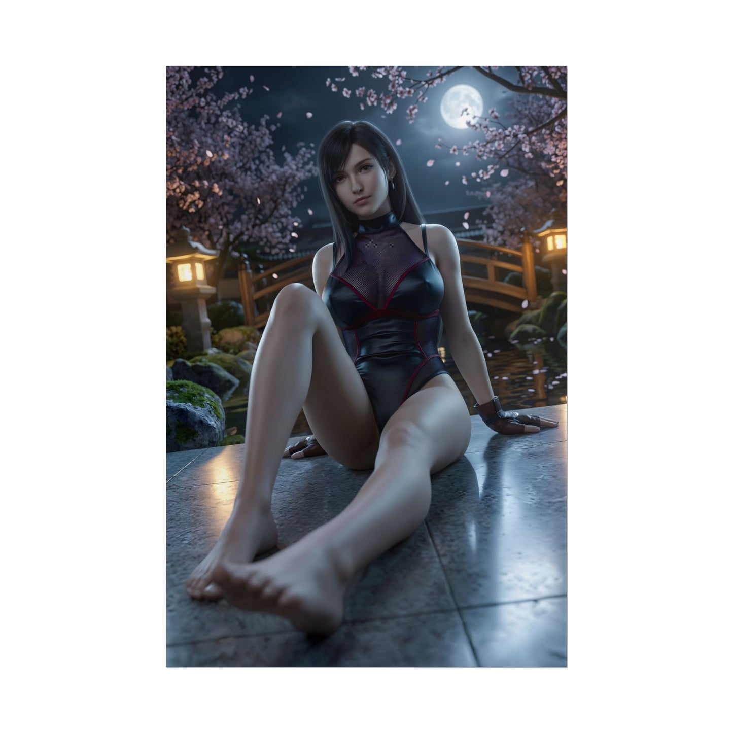 Tifa Lockhart Poster / Tifa Lockhart Wall Art / Tifa Lockhart Art Print / Final Fantasy VII Poster - cinematic moonlit portrait of Tifa seated by a cherry blossom bridge