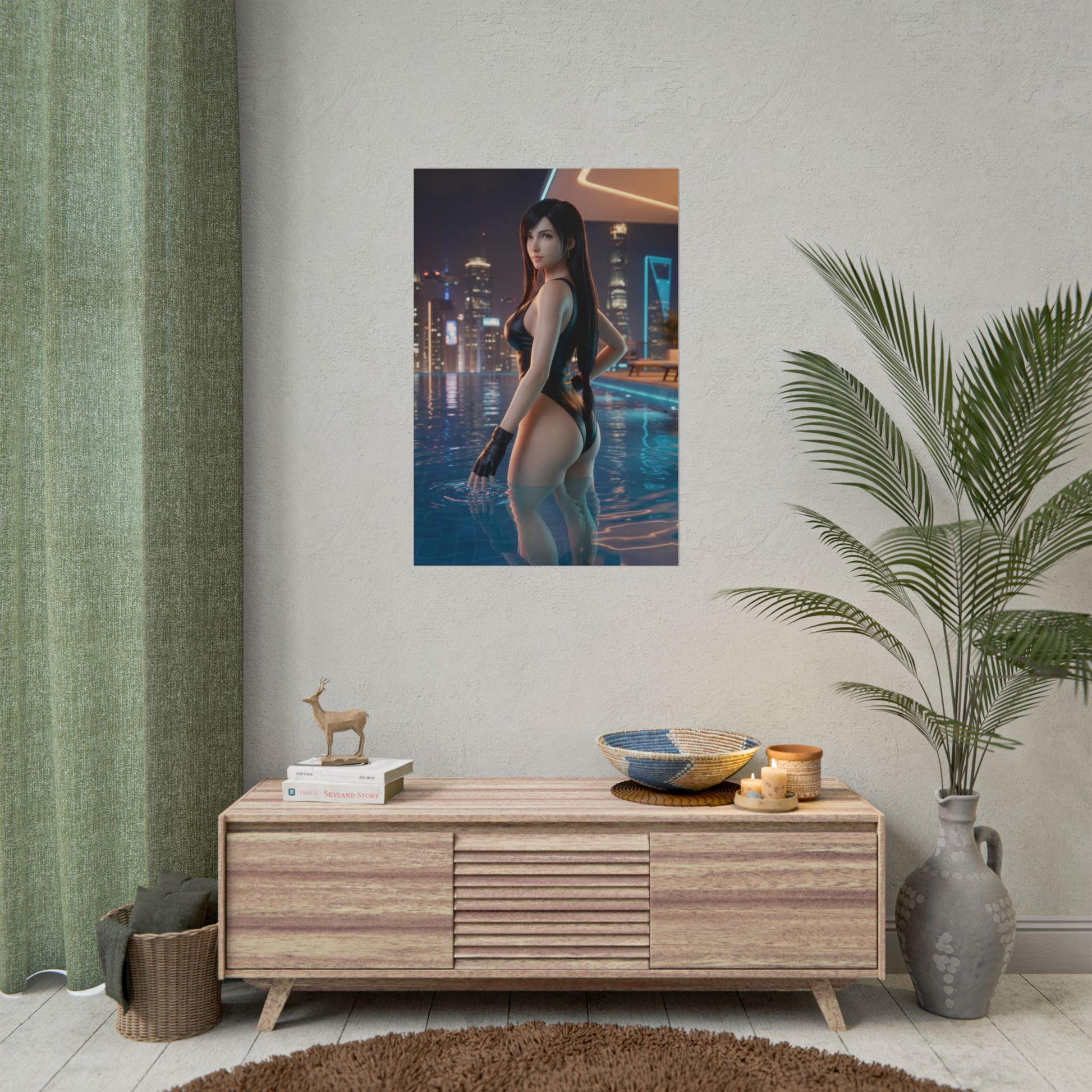 Tifa Lockhart Poster – Final Fantasy VII Art Print, Gaming Wall Art showing Tifa waist-deep in a rooftop pool with neon city skyline reflections