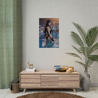 Tifa Lockhart Poster – Final Fantasy VII Art Print, RPG Character Wall Art featuring Tifa in rooftop infinity pool with neon city skyline