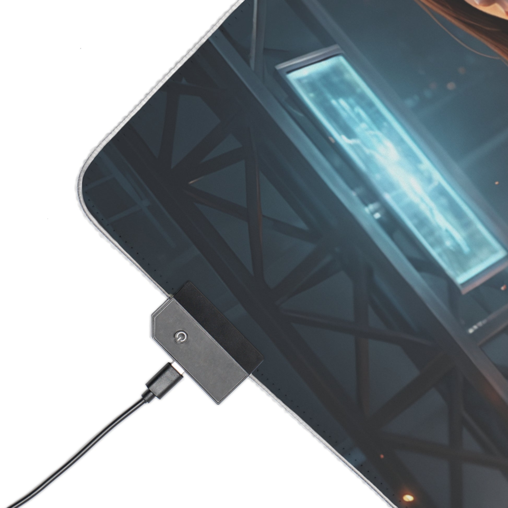 Alt Tag: Tifa Lockhart RGB Mouse Pad – Final Fantasy Illuminated Desk Mat, RPG Gamer Decor showing corner RGB controller and USB connection