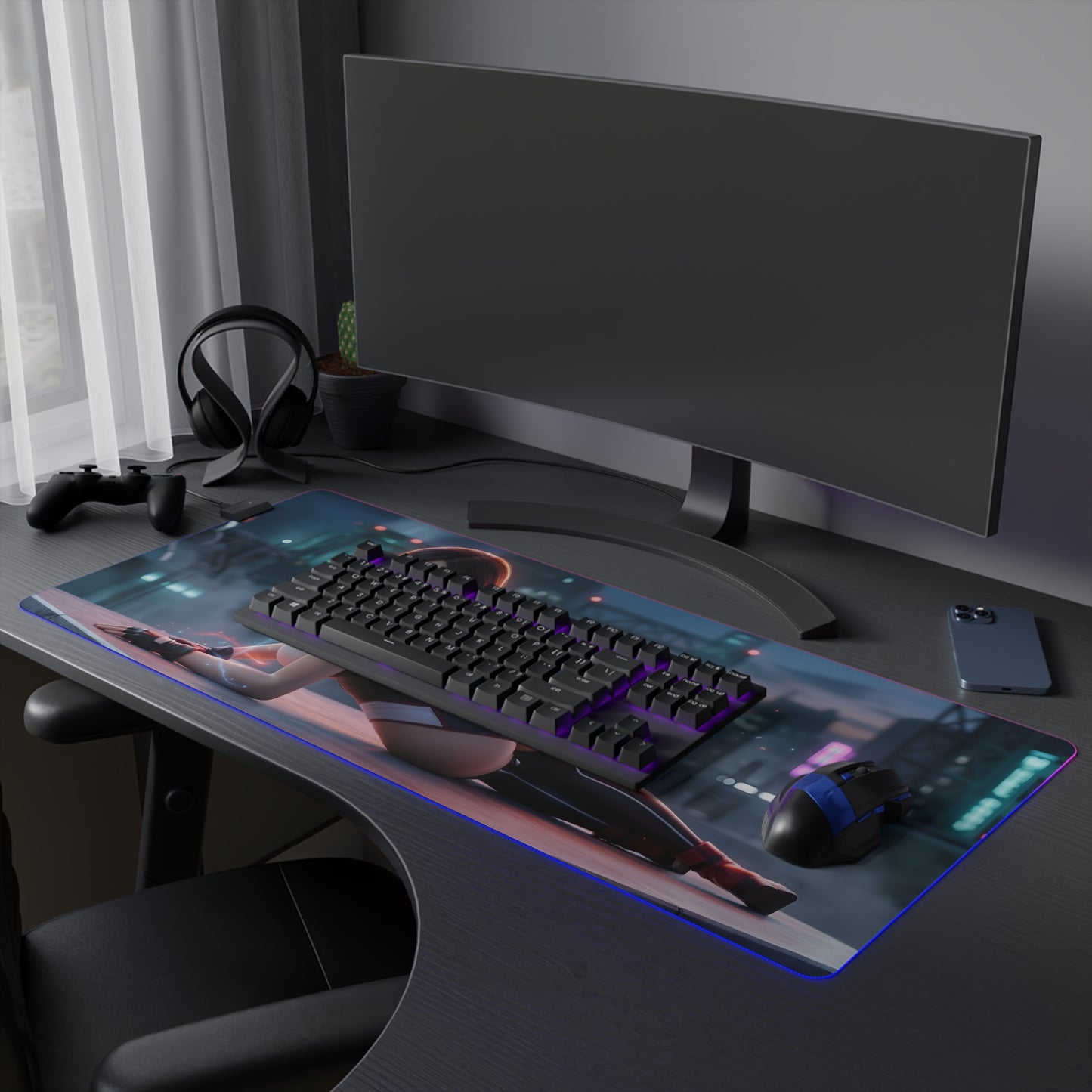 Tifa Lockhart RGB Mouse Pad – Final Fantasy Illuminated Gaming Desk Mat, Gamer Room Decor on a sleek gaming desk with keyboard and RGB lighting
