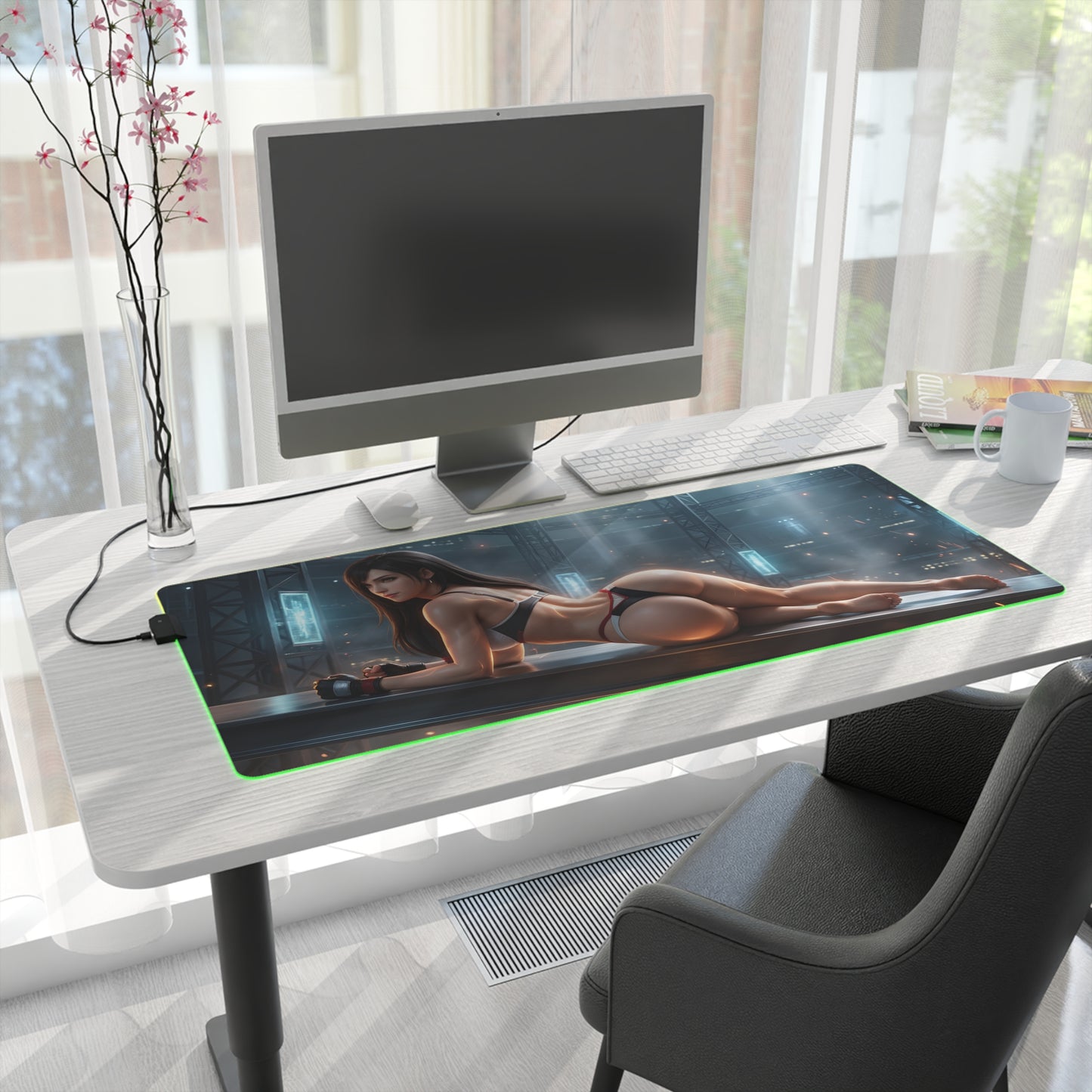 Tifa Lockhart RGB Mouse Pad – Final Fantasy Illuminated Desk Mat, RPG Gamer Decor on a modern desk with green RGB edge lighting and character artwork