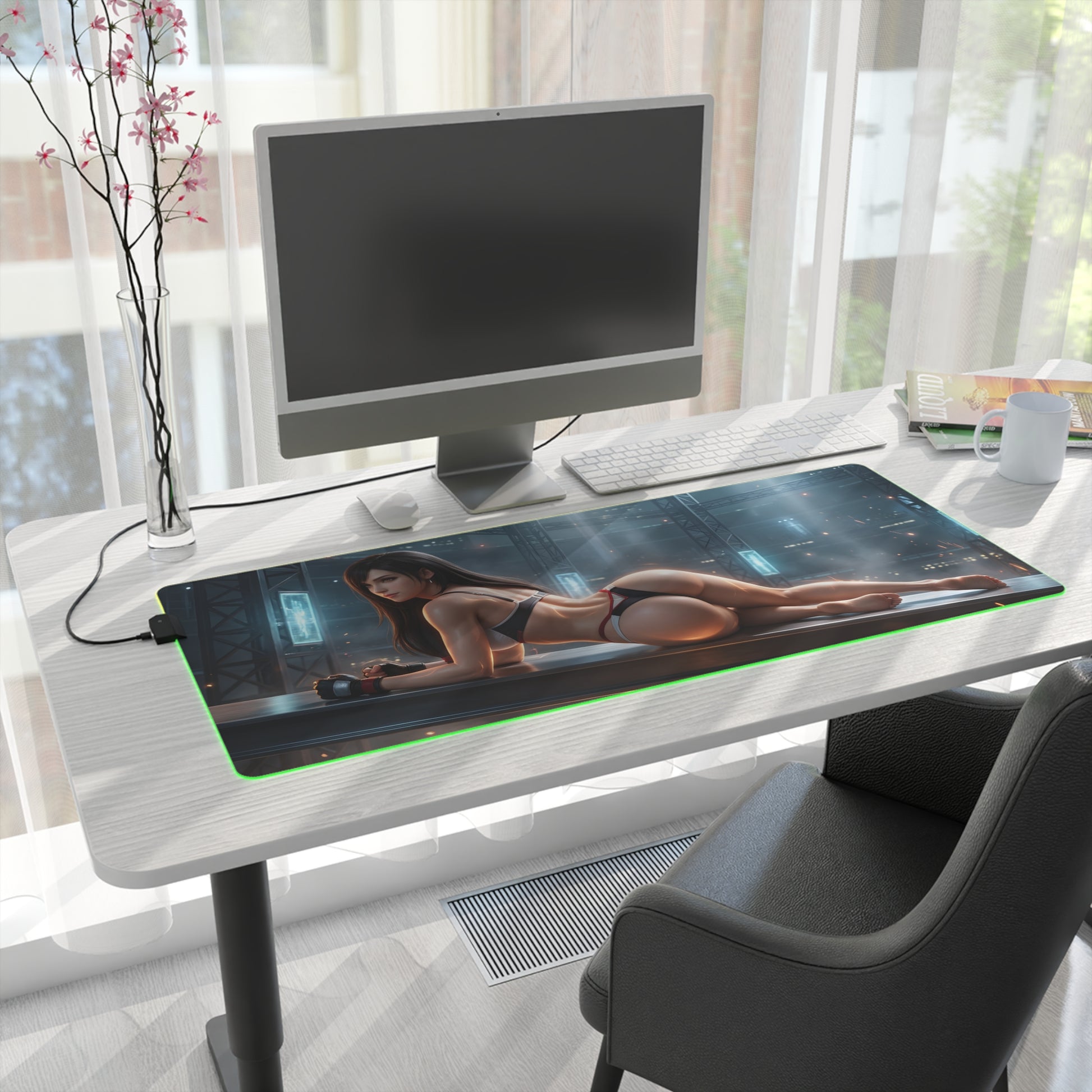 Tifa Lockhart RGB Mouse Pad – Final Fantasy Illuminated Desk Mat, RPG Gamer Decor on a modern desk with green RGB edge lighting and character artwork