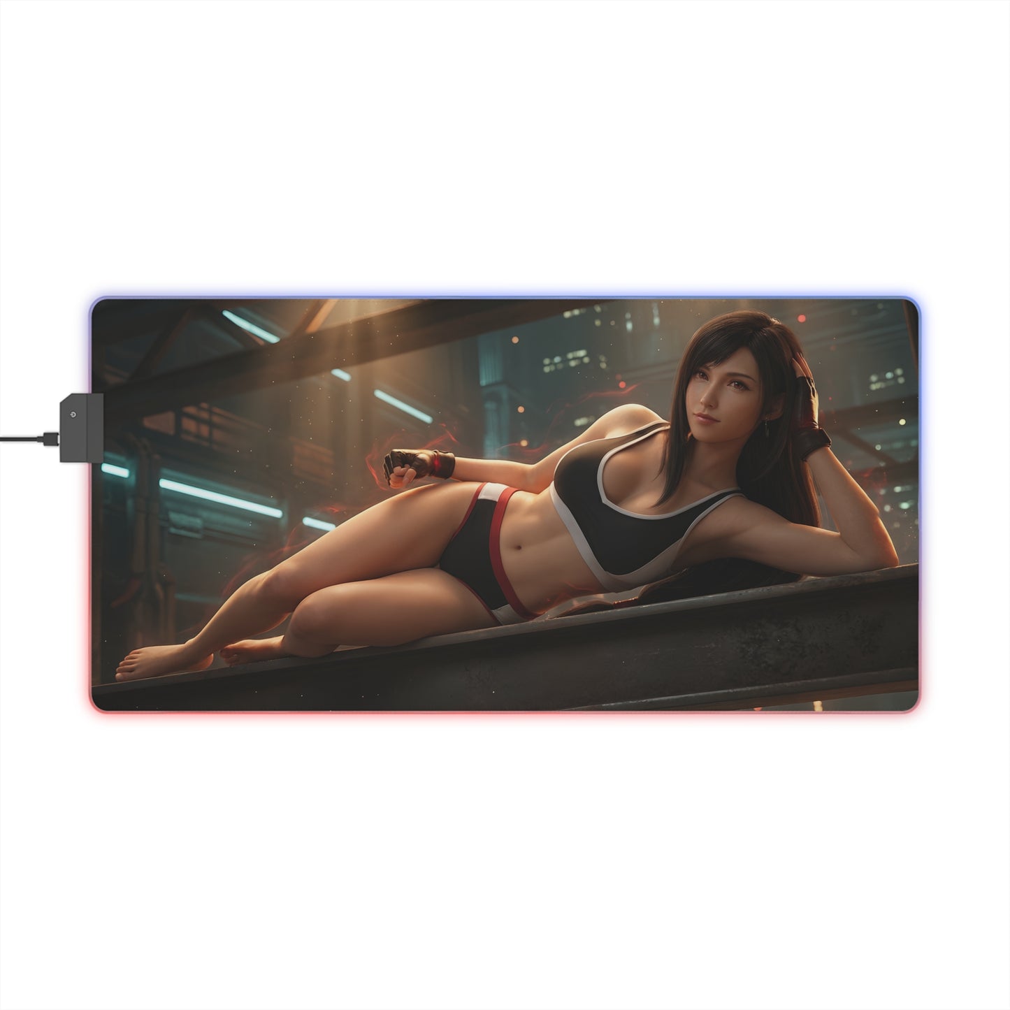 Tifa Lockhart RGB Mouse Pad – Final Fantasy LED Desk Mat, RPG Gamer Setup showing reclining heroine artwork with RGB edge lighting and extended desk coverage