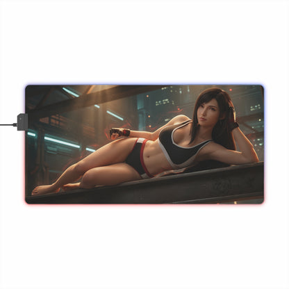 Tifa Lockhart RGB Mouse Pad – Final Fantasy LED Desk Mat, RPG Gamer Setup featuring reclining heroine artwork, HD print and vibrant RGB edge lighting