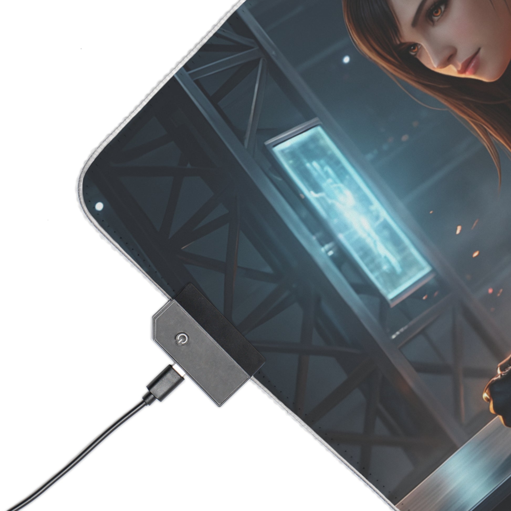 Tifa Lockhart RGB Mouse Pad – Final Fantasy Illuminated Desk Mat, RPG Gamer Decor close-up corner showing RGB controller, USB cable, and printed character art