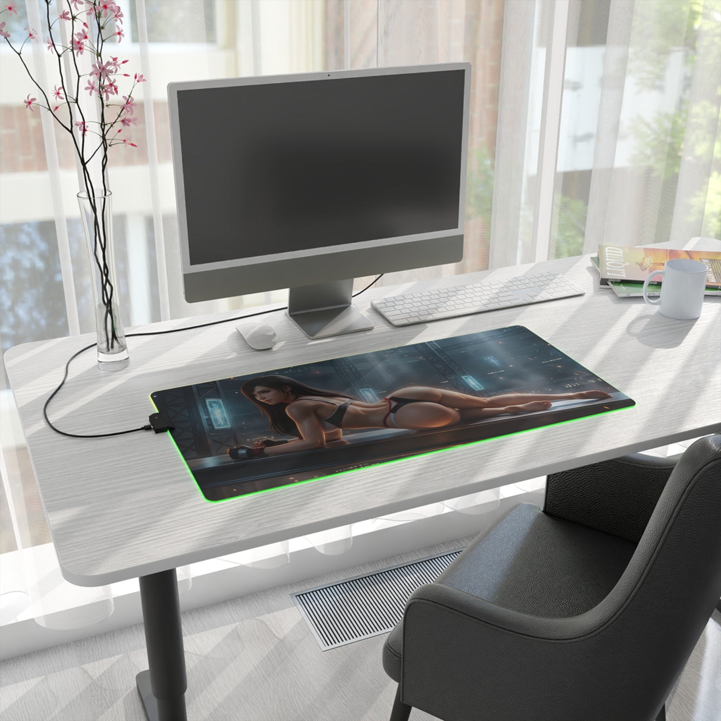 Tifa Lockhart RGB Mouse Pad – Final Fantasy Illuminated Desk Mat, RPG Gamer Decor on modern desk with RGB edge lighting and detailed character art