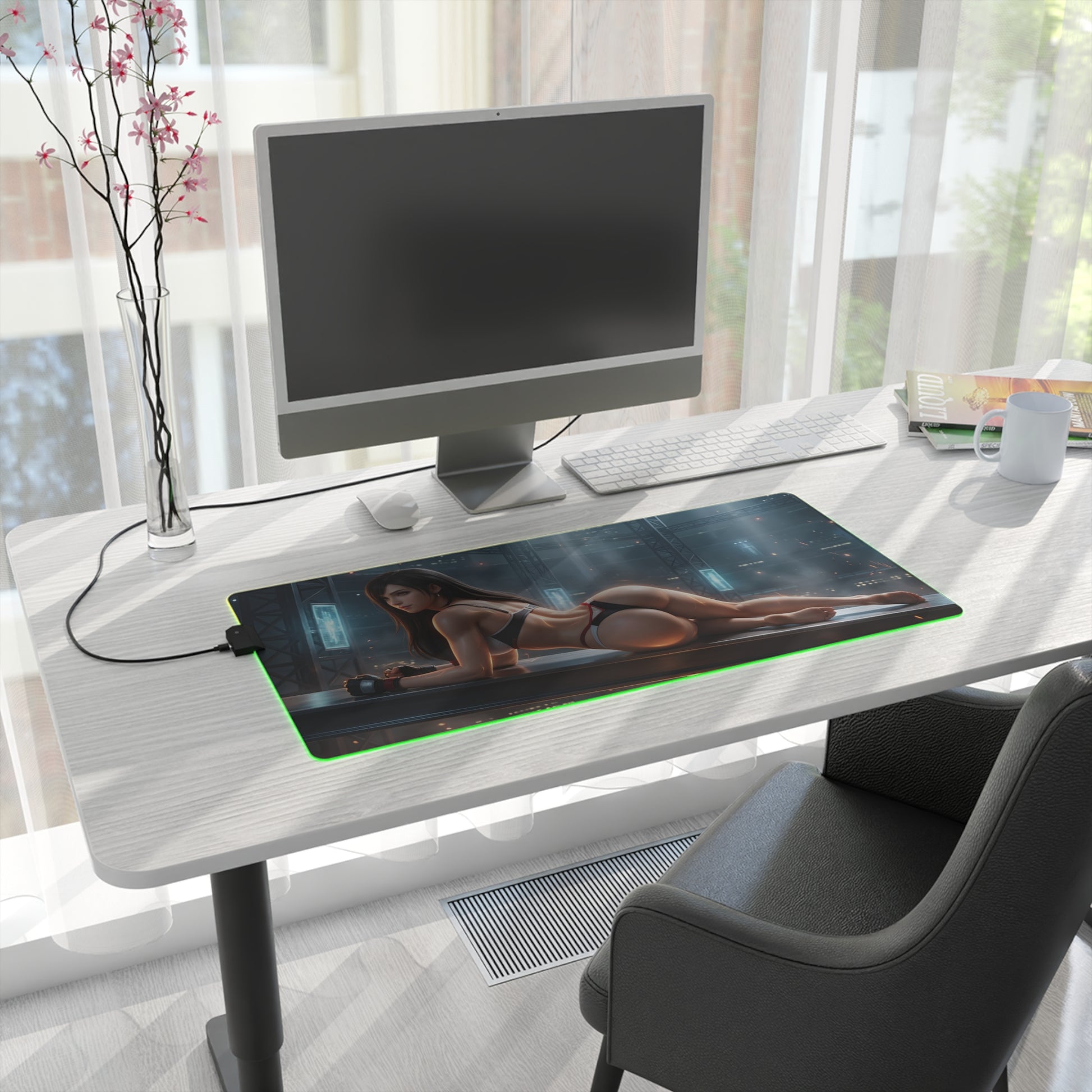 Tifa Lockhart RGB Mouse Pad – Final Fantasy Illuminated Desk Mat, RPG Gamer Decor on modern desk with RGB edge lighting and detailed character art
