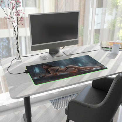 Tifa Lockhart RGB Mouse Pad – Final Fantasy Illuminated Desk Mat, RPG Gamer Decor on modern desk with RGB edge lighting and detailed character art