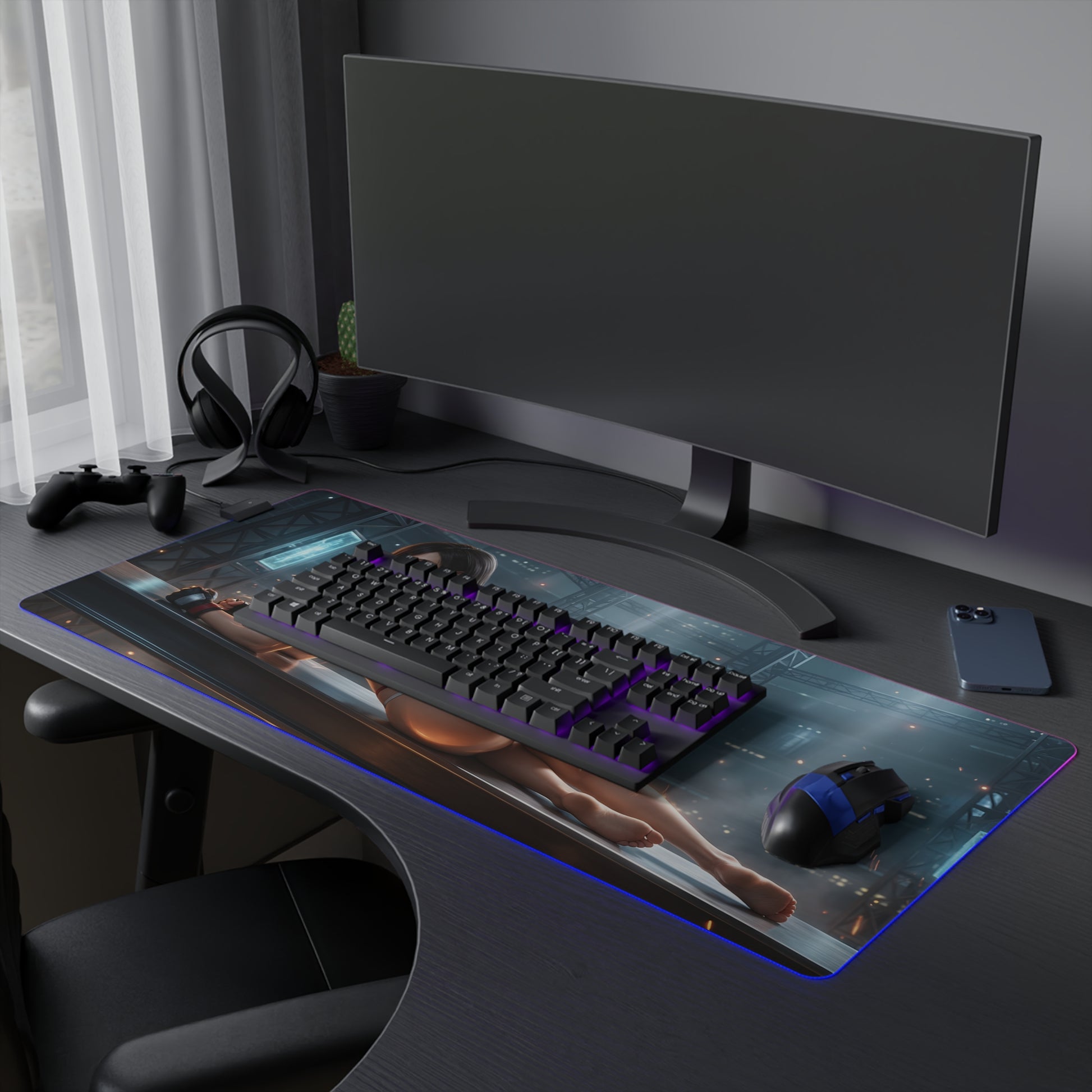 Tifa Lockhart RGB Mouse Pad – Final Fantasy Illuminated Desk Mat, RPG Gamer Decor on a gaming desk with RGB edge lighting and keyboard