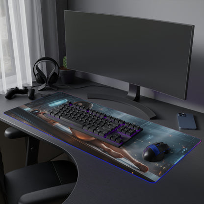 Tifa Lockhart RGB Mouse Pad – Final Fantasy Illuminated Desk Mat, RPG Gamer Decor on a gaming desk with RGB edge lighting and keyboard