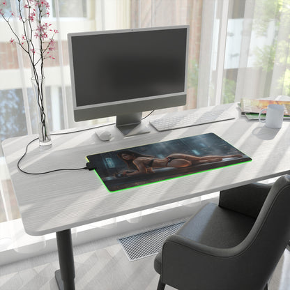 Tifa Lockhart RGB Mouse Pad – Final Fantasy Illuminated Desk Mat, RPG Gamer Decor on modern desk with RGB lighting and extended surface