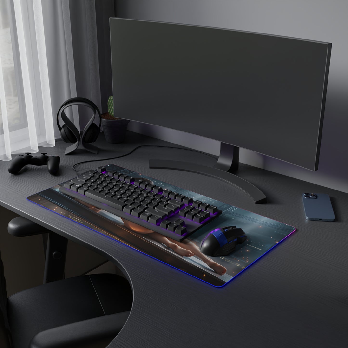 Tifa Lockhart RGB Mouse Pad – Final Fantasy Illuminated Desk Mat, RPG Gamer Decor on RGB gaming desk with keyboard and mouse