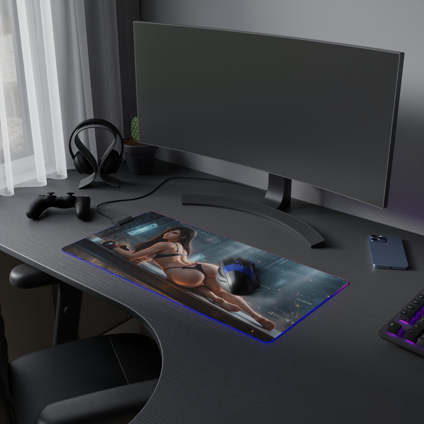 Tifa Lockhart RGB Mouse Pad – Final Fantasy Illuminated Desk Mat, RPG Gamer Decor on curved gaming desk with RGB edge lighting and high‑def character print