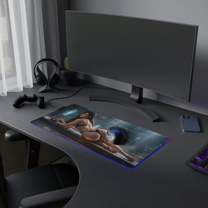 Tifa Lockhart RGB Mouse Pad – Final Fantasy Illuminated Desk Mat, RPG Gamer Decor on curved gaming desk with RGB edge lighting and high‑def character print