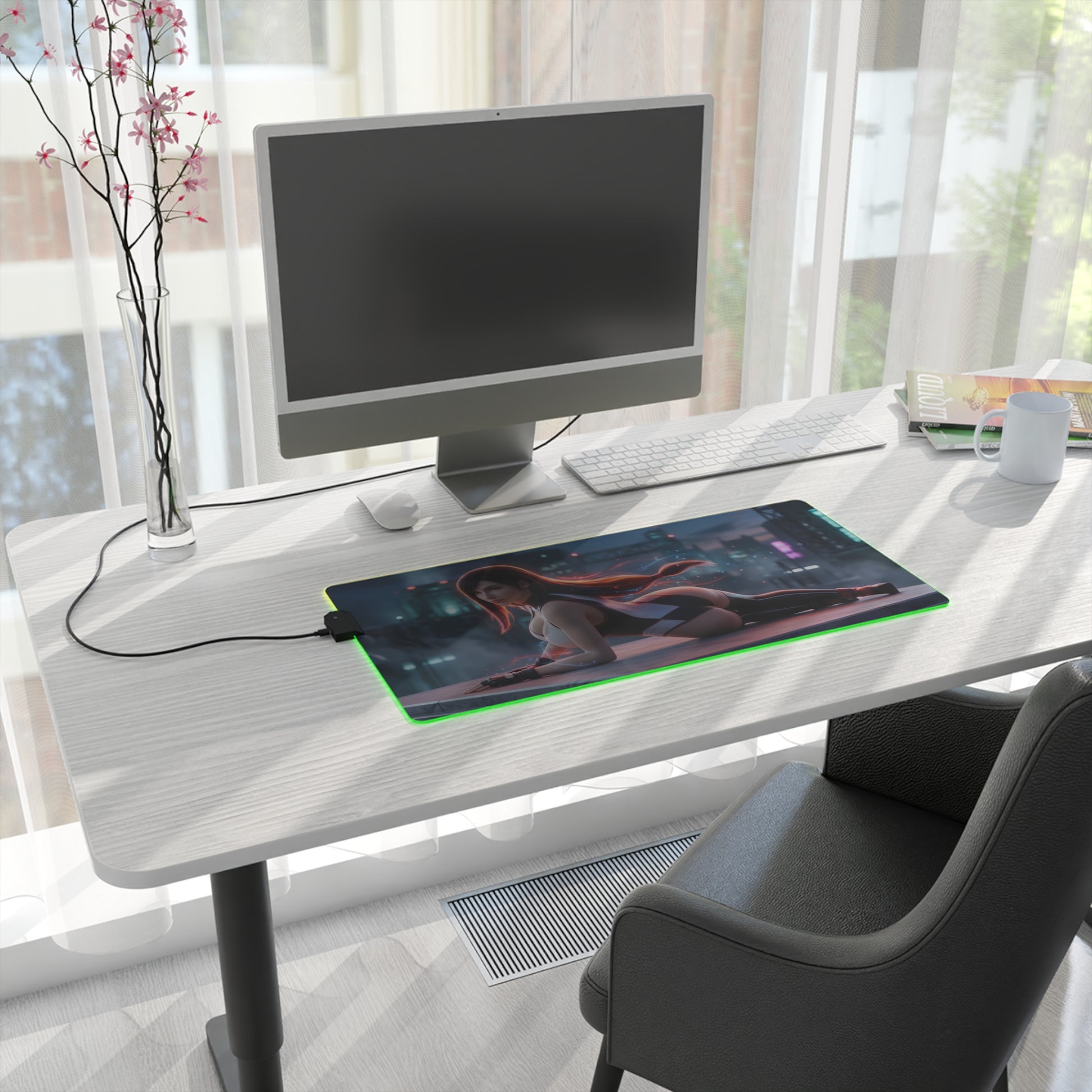 Tifa Lockhart RGB Mouse Pad – Final Fantasy Illuminated Gaming Desk Mat, Gamer Room Decor showing illuminated extended desk mat with character art and green RGB edge lighting