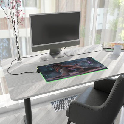 Tifa Lockhart RGB Mouse Pad – Final Fantasy Illuminated Gaming Desk Mat, Gamer Room Decor showing illuminated extended desk mat with character art and green RGB edge lighting