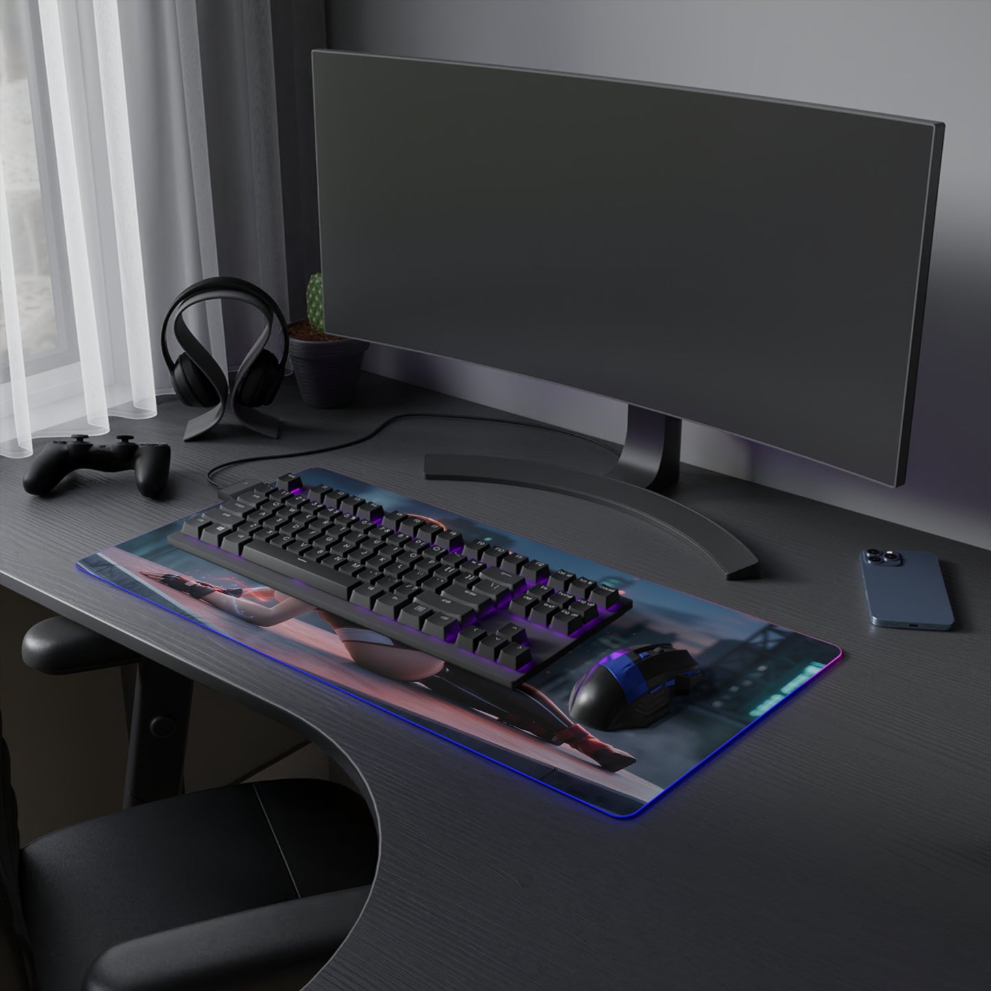 Tifa Lockhart RGB Mouse Pad – Final Fantasy Illuminated Gaming Desk Mat, Gamer Room Decor on a gaming desk with RGB edge lighting