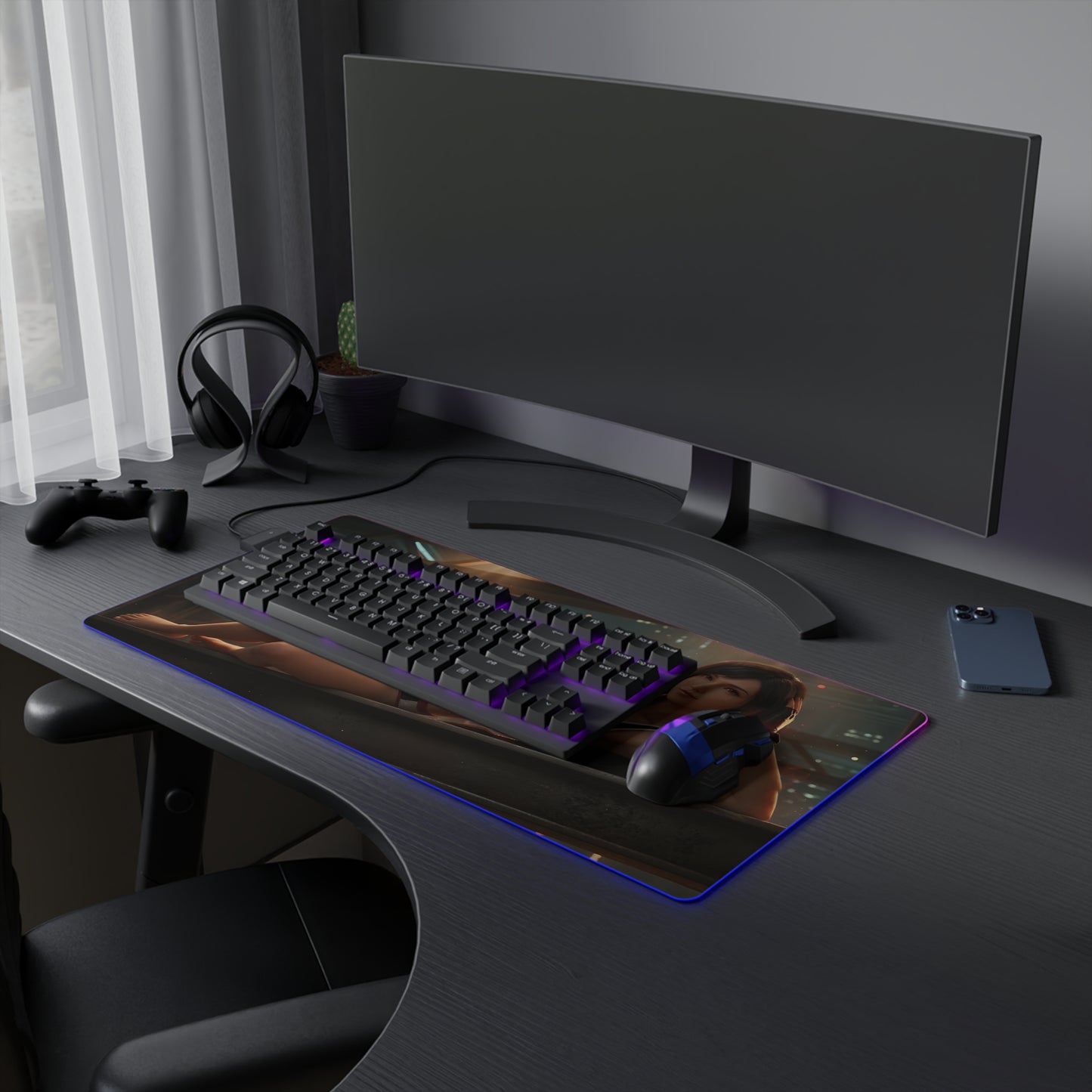 Tifa Lockhart RGB Mouse Pad – Final Fantasy LED Desk Mat, RPG Gamer Setup on black gaming desk with keyboard and RGB edge lighting