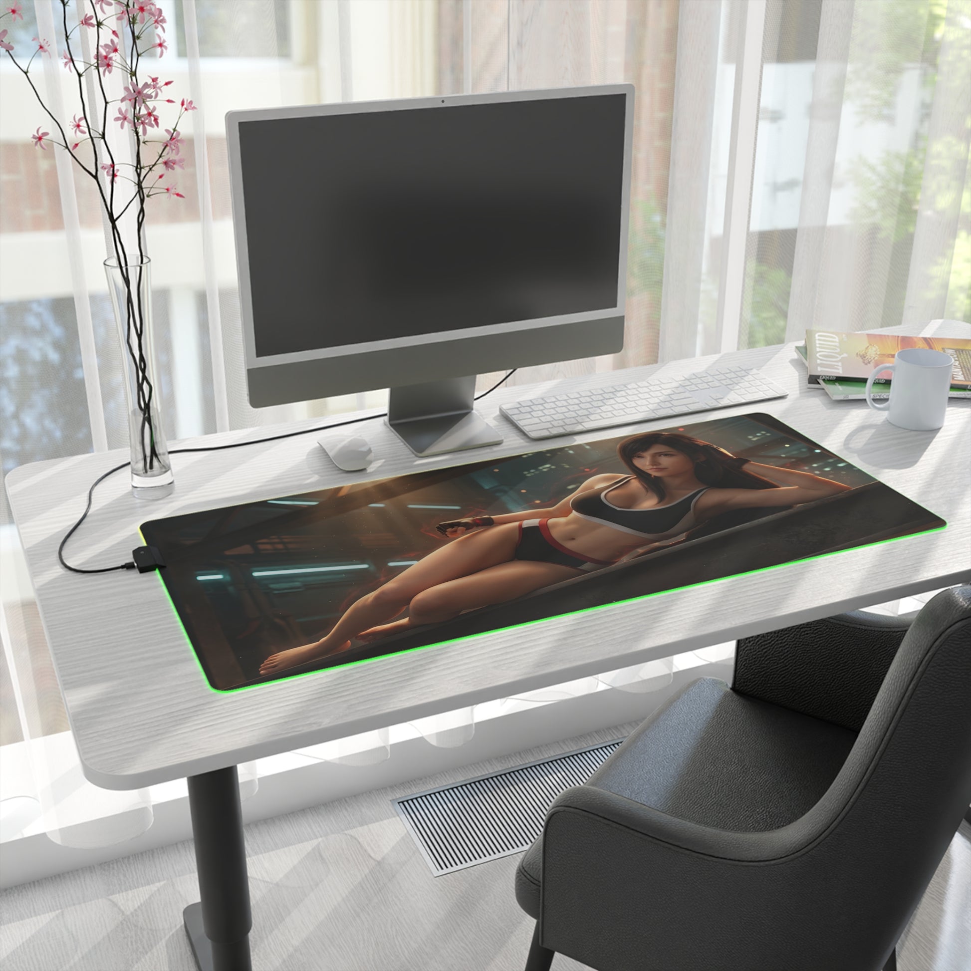 Tifa Lockhart RGB Mouse Pad – Final Fantasy LED Desk Mat, RPG Gamer Setup with heroine artwork, RGB edge lighting, extended non-slip desk mat