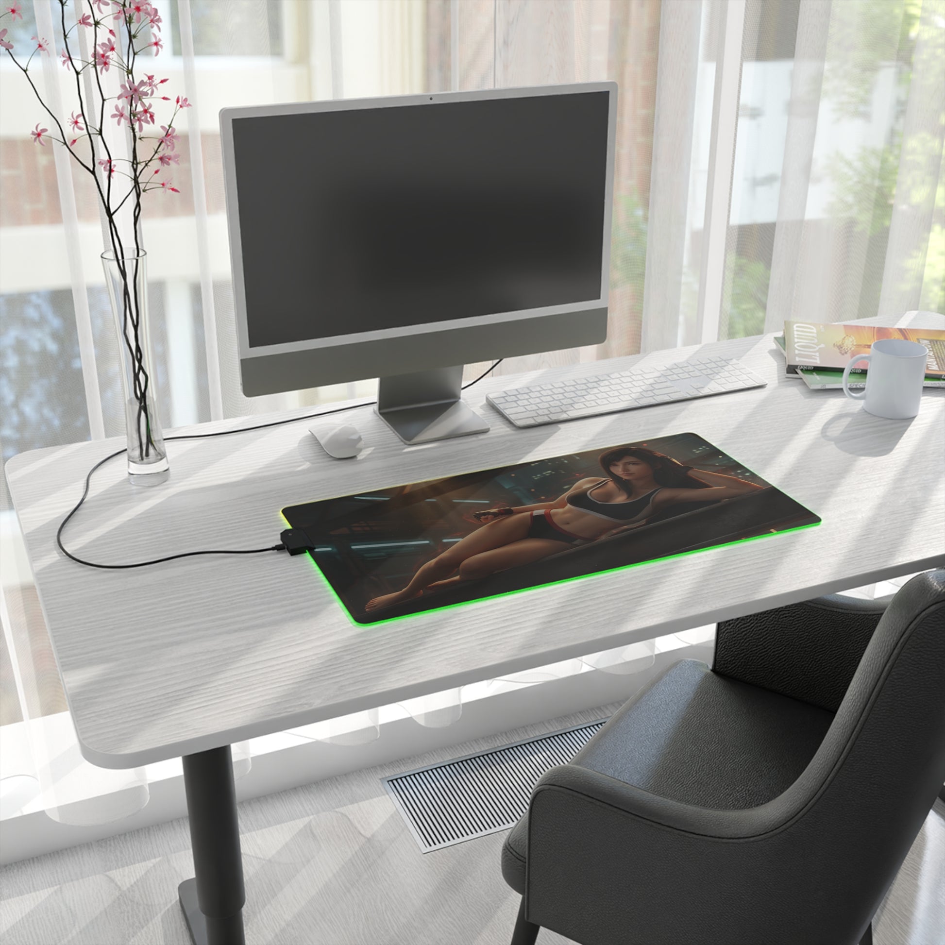 Tifa Lockhart RGB Mouse Pad – Final Fantasy LED Desk Mat, RPG Gamer Setup on white desk with green edge lighting and full keyboard coverage